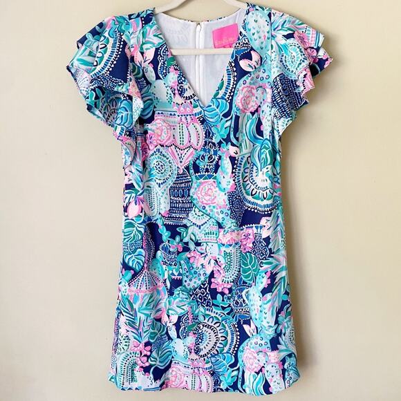 Lilly Pulitzer | Kathie Dress Lookin Sharp Flutter Sleeves V-neck Blue Size 0 - Picture 3 of 8